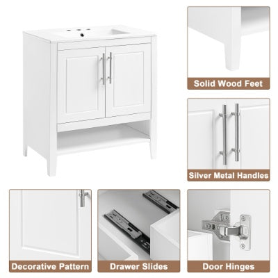 30 Bathroom Vanity With Sink, Multi-functional Bathroom Cabinet With Doors And Drawers, Solid Frame And MDF Board, White