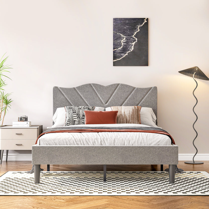 Modern Platform Bed Frame With Upholstered Headboard & Wooden Slats - No Box Spring Needed, Easy Assembly, Grey