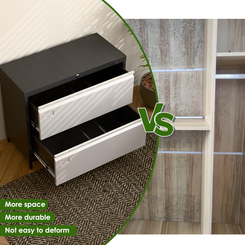 Lateral File Cabinet With 2 Drawer,Metal Wide Filing Cabinet With Lock And Business Card Slot For Home Office School Hanging Letter,Legal,F4,A4 Size Folders,Required Assembly,Black And Grey