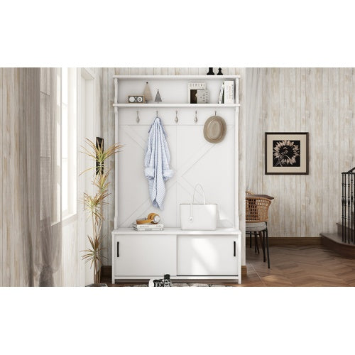 Hall Tree With Top Shelf And Storage Bench, Hallway Shoe Cabinet With Sliding Doors, Coat Rack With 5 Hanging Hooks For Entryways Hallways