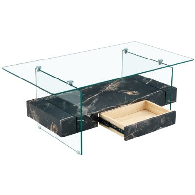 43.3 Inch Modern Two-Tier Coffee Table - Clear Tempered Glass And Black Marble Texture, Multifunctional Storage Design.The Bottom Tier Includes A Drawer.Can Be Used As A Coffee Table,side Table,etc