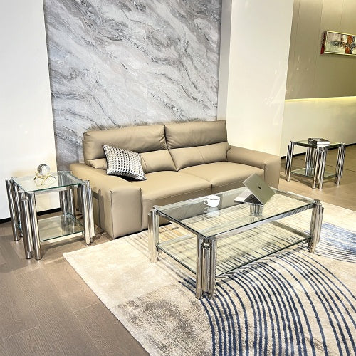 Modern Stainless Steel Coffee Table Set Set Of 3, Double-Layer Clear Tempered Glass Table Top, Coffee Table  Two End Side Table 3-Pieces Sets For Living Room Home Office