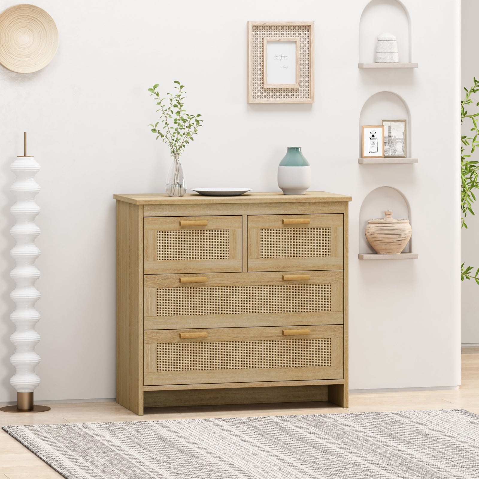 4 Drawers Rattan Cabinet For Bedroom, Living Room, Easy Assembly