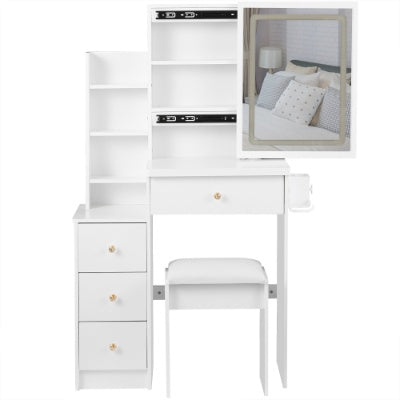 29.2 Small Size Left Bedside Cabinet Vanity Table   Cushioned Stool, 2 AC  2 USB Power Station, Hair Dryer Bracket  Extra Large Touch Control Sliding LED Mirror, Tri Color Switching, Brightness Adjust