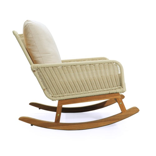 Contemporary Minimalist Ivory Wicker Rocking Chair With Soft Polyester Cushions And Durable Wooden Frame, Perfect For Indoor And Outdoor Spaces Like Patio, Balcony, Or Living Room