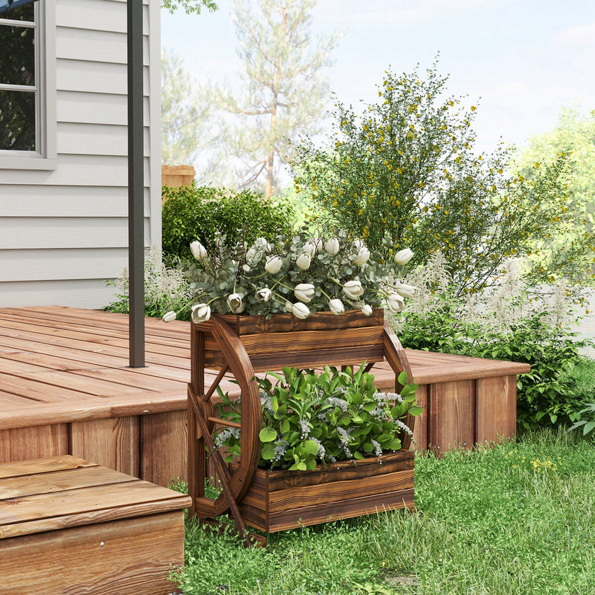 Wooden Wagon Planter Box, 2-Tier Raised Garden Bed, For Vegetables Flowers Herbs