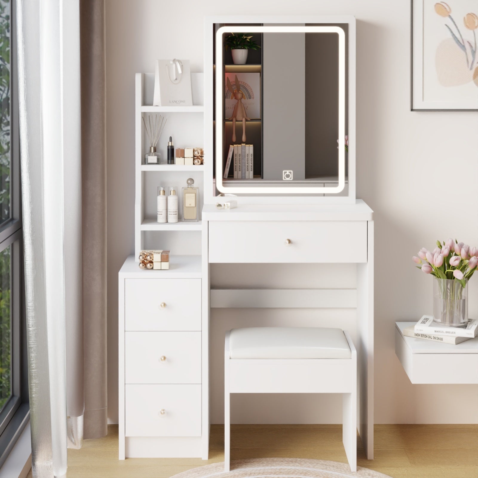Small Size Left Bedside Cabinet Vanity Table   Cushioned Stool, Extra Large Touch Control Sliding LE