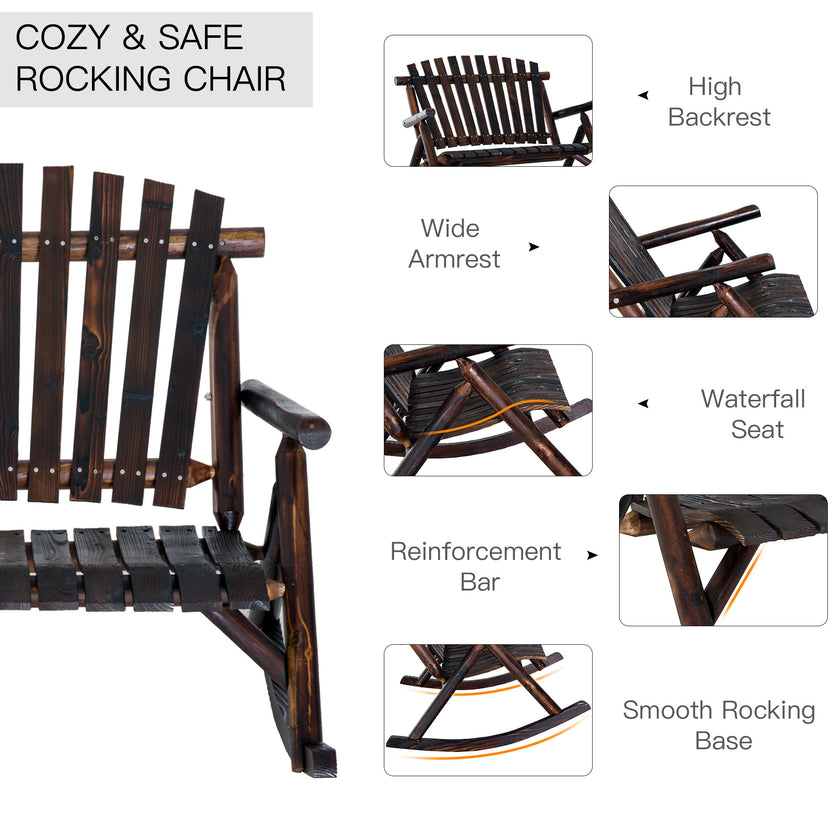 Classic Wooden High-Back Rocker, Carbonized For Garden Serenity & Relaxation, Durable Outdoor Furniture