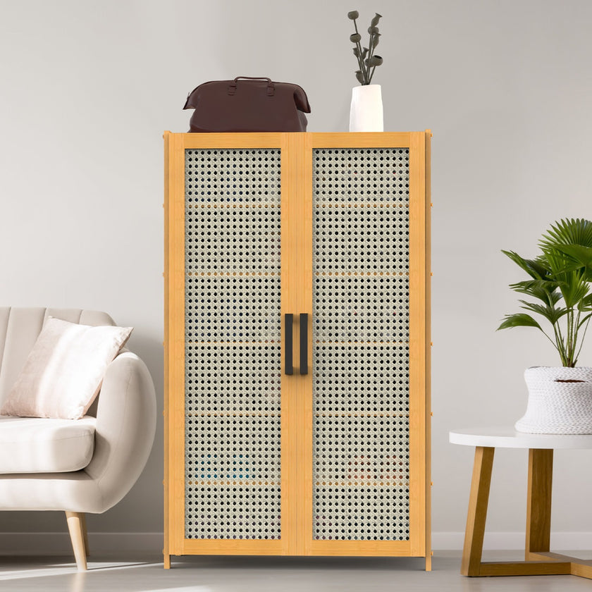 1Pc 6Tier Shoe Cabinet With Bamboo Shoe Rack Freestanding Shoe Organizer With 2 Hollow Doors And Handles 154lbs Max Load For Closet Hallway Living Room