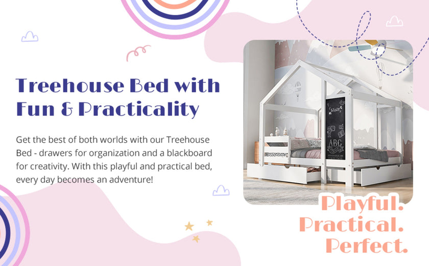 Twin House Bed With Blackboard And Drawers, Two Assembly Options, White