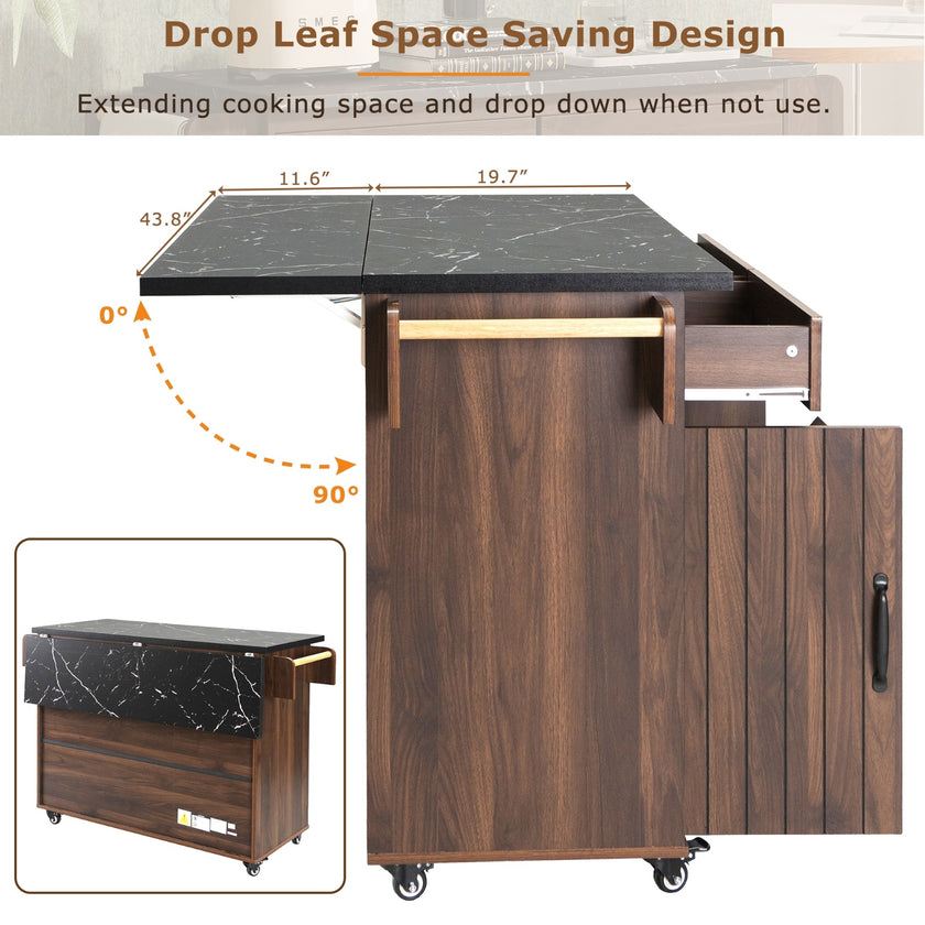 K&K Kitchen Island With Trash Can Storage Cabinet, Kitchen Cart With Drop Leaf, Spice Rack, Towel Ra