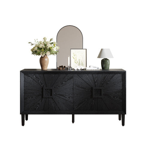 60'' Premium Rustic American Farmhouse Credenza - Symmetrical Sunburst Door Design, Heavy-Duty Antique Wood TV Stand With Adjustable Shelves, Storage Cabinet For Living Room Kitchen  Antique Natural