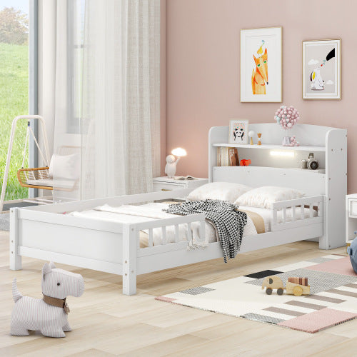 Wood Twin Size Platform Bed With Built-in LED Light, Storage Headboard And Guardrail, White
