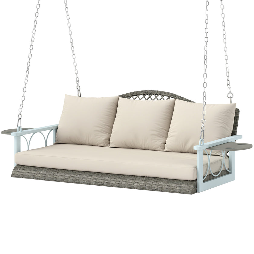 3 Person Wicker Hanging Outdoor Patio Porch Swing Bench With Cup Holders, Cushions, And Chains, Natural