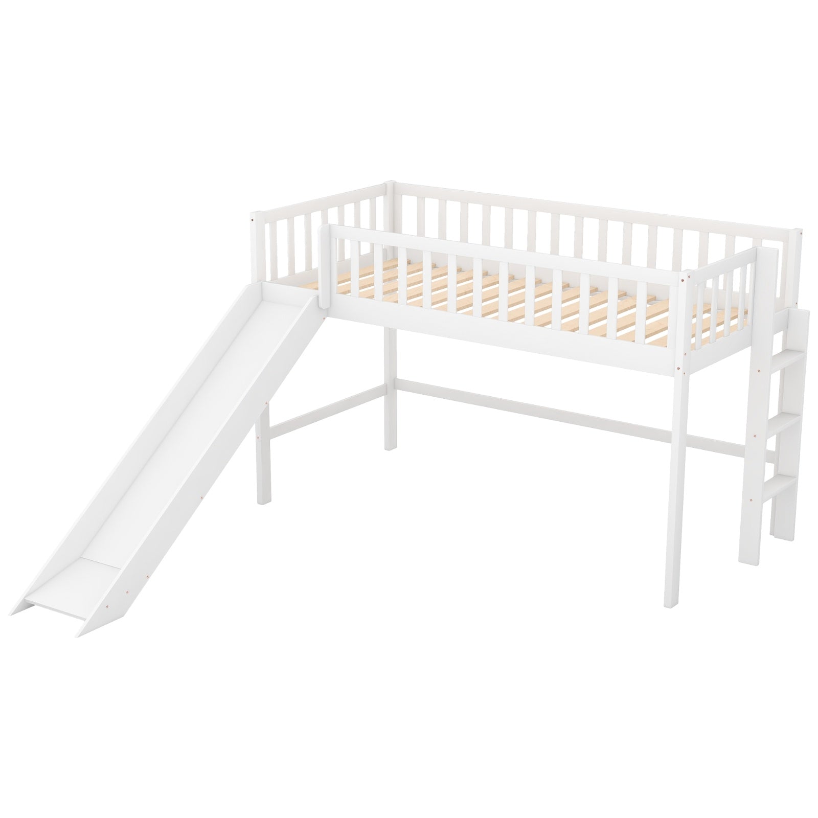 Twin Size Low Loft Bed With Ladder And Slide,White