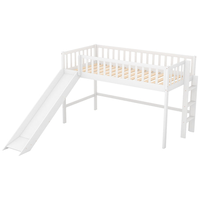 Twin Size Low Loft Bed With Ladder And Slide,White