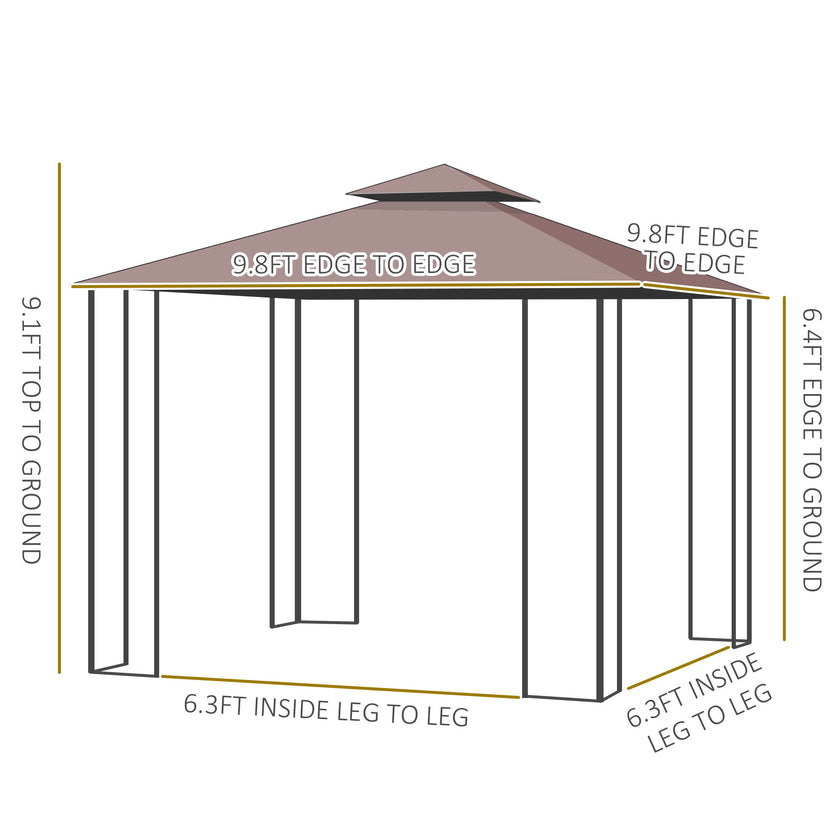 10' X 10' Outdoor Patio Gazebo Canopy With 2-Tier Polyester Roof, Netting, Curtain Sidewalls, And Steel Frame, Brown