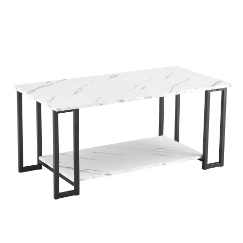 D&N Coffee Table, 2 Layers 1.5cm Thick Marble MDF Rectangle 39.37 L Tabletop Iron Coffee Table , Dining Room, Coffee Shop, Resterant, White Top, Black Leg