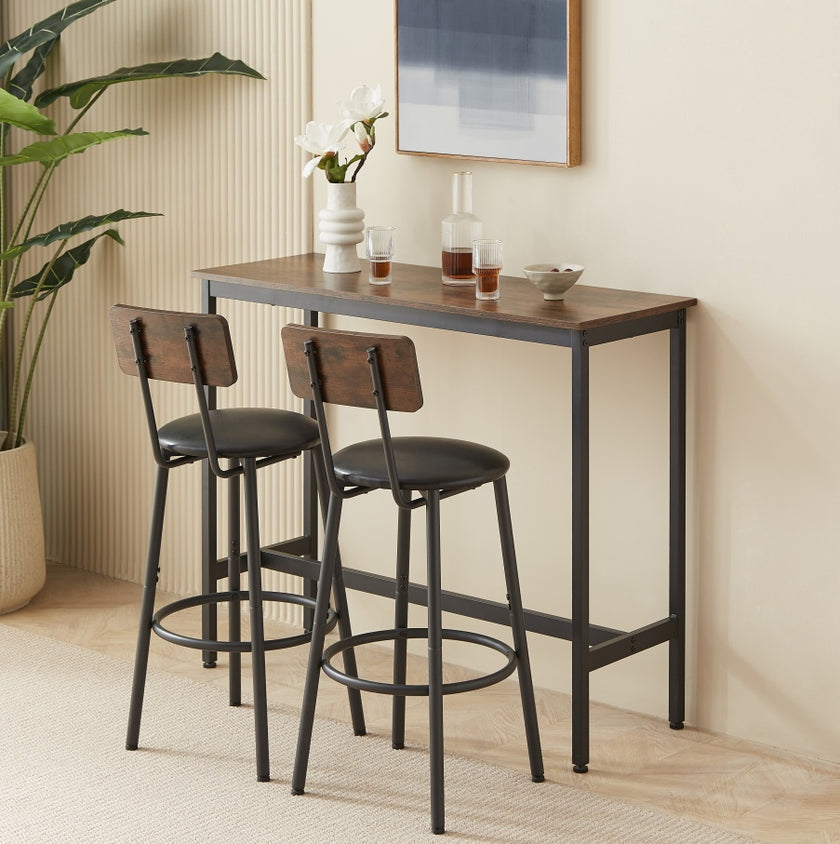 Bar Table Set With 2 Stools, PU Soft Seat, Rustic Brown, 43.3L X 15.75W X 35H