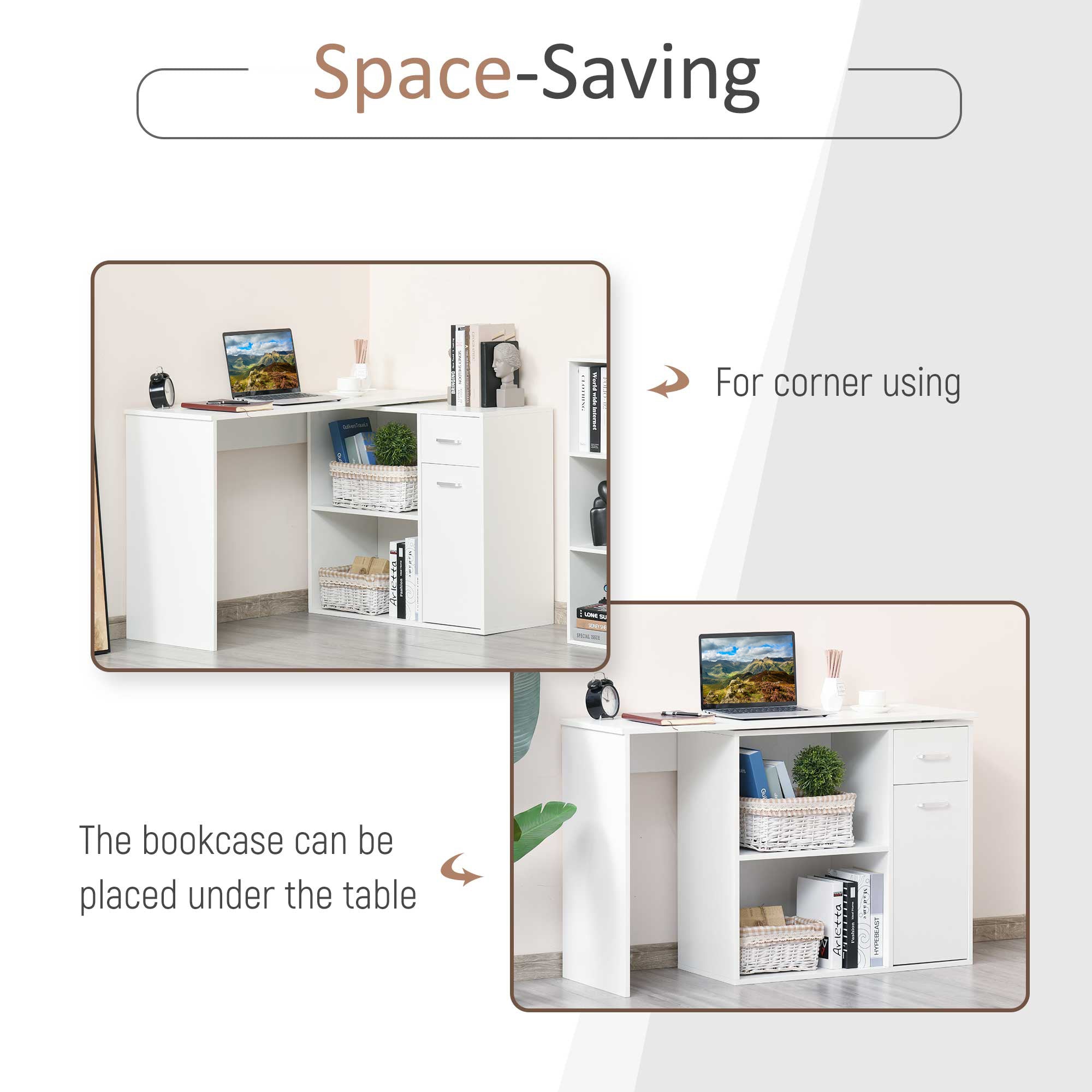 L-Shaped White Computer Desk With Rotating Shelves And Drawer Home Office Workstation