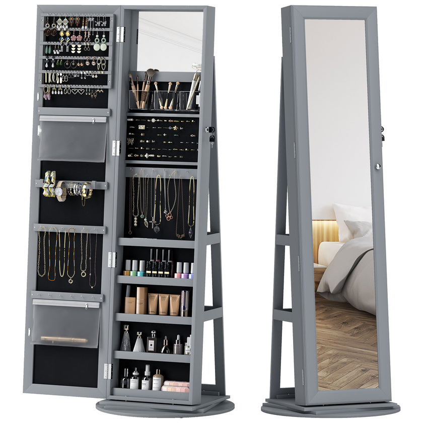 360 Swivel Jewelry Armoire, Lockable Jewelry Cabinet With Full-Length Mirror, Storage Shelves, Gray