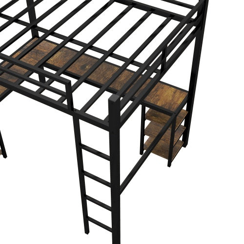 Twin XL Metal Loft Bed With Desk And Shelves, Loft Bed With Ladder And Guardrails, Loft Bed Frame For Bedroom, Black