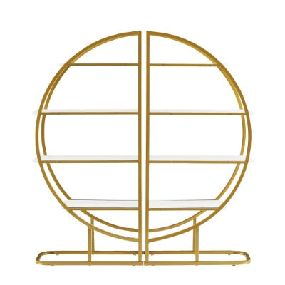 4 Tiers Home Office Open Bookshelf, Round Shape, Different Placement Ways, MDF Board, Gold Metal Frame, Golden