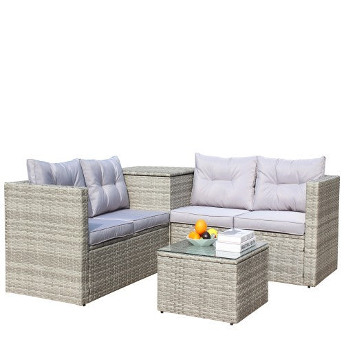 4 Piece Patio Sectional Wicker Rattan Outdoor Furniture Sofa Set With Storage Box Grey