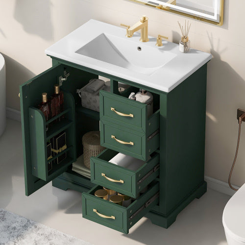 30 Bathroom Vanity With Sink, One Package, Green Bathroom Cabinet With Drawers, Solid Frame And MDF Board