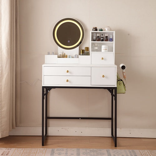 Vanity Desk With Lighted Mirror & Power Outlet, Makeup Vanity Desk With Drawers And Cabinet, Sturdy Iron Bracket, Make Up Vanity Table For Bedroom, White