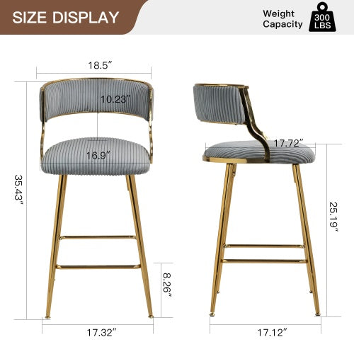 SET OF 2,26 Counter Height Bar Stools Corduroy Kitchen Island Counter Bar Stool With Back,golden Chromed Base And Footrest
