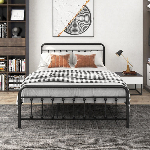 Metal Platform Bed Frame, Victorian Style Headboard Footboard Under Bed Storage No Box Spring Needed Queen Size Black