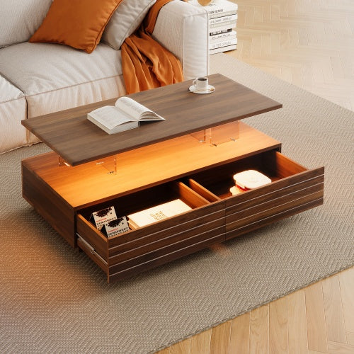 Modern White Rectangular LED Lights Coffee Table With 2 Drawers In 47.2