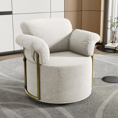 360 Degree Barrel Swivel Accent Sofa Chair,Fluffy Fabric Lounge Wide Upholstered Reading Chair With Gold Metal Legs, Comfortable Round Armchair For Living Room,Bedroom,Office