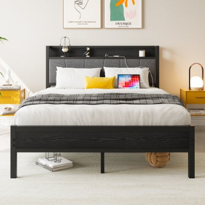 Full Size Bed Frame, Storage Headboard With Charging Station, Solid And Stable, No Box Spring Needed, Easy Assembly