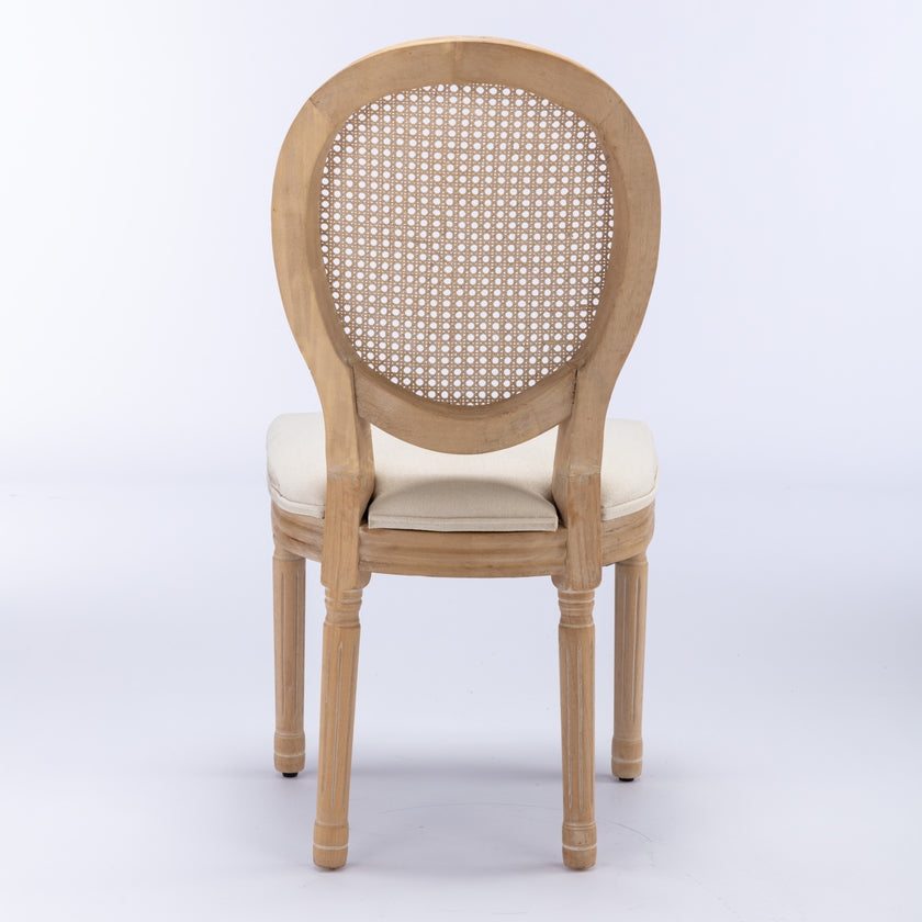 A&A French Style Solid Wood Antique Linen & Rattan Back Dining Chair
