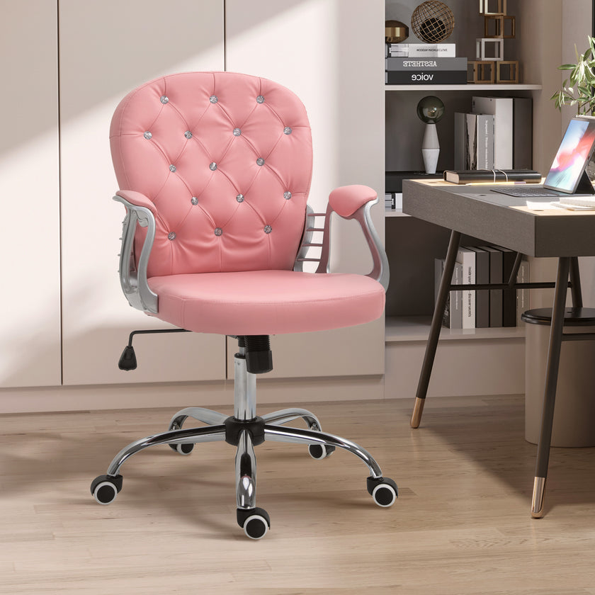Vinsetto Vanity PU Leather Office Chair, Mid Back, Tufted Swivel Task Chair, Adjustable Height, Pink