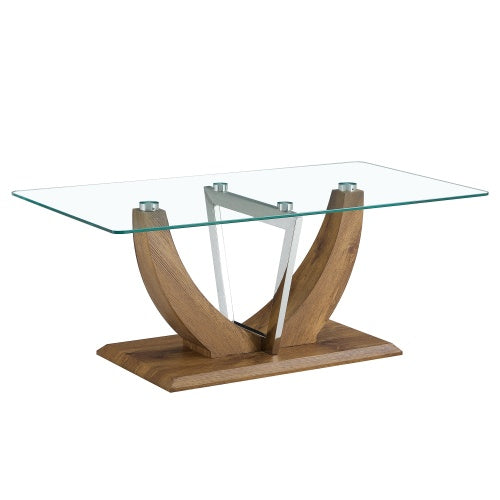Modern Minimalist Transparent Tempered Glass Coffee Table With Marble Patterned MDF Legs And Stainless Steel Decorative Columns. Computer Desk. Game Table