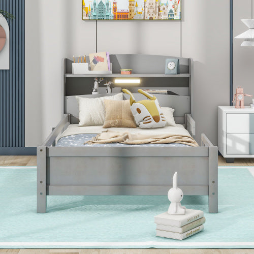 Wood Twin Size Platform Bed With Built-in LED Light, Storage Headboard And Guardrail, Antique Grey