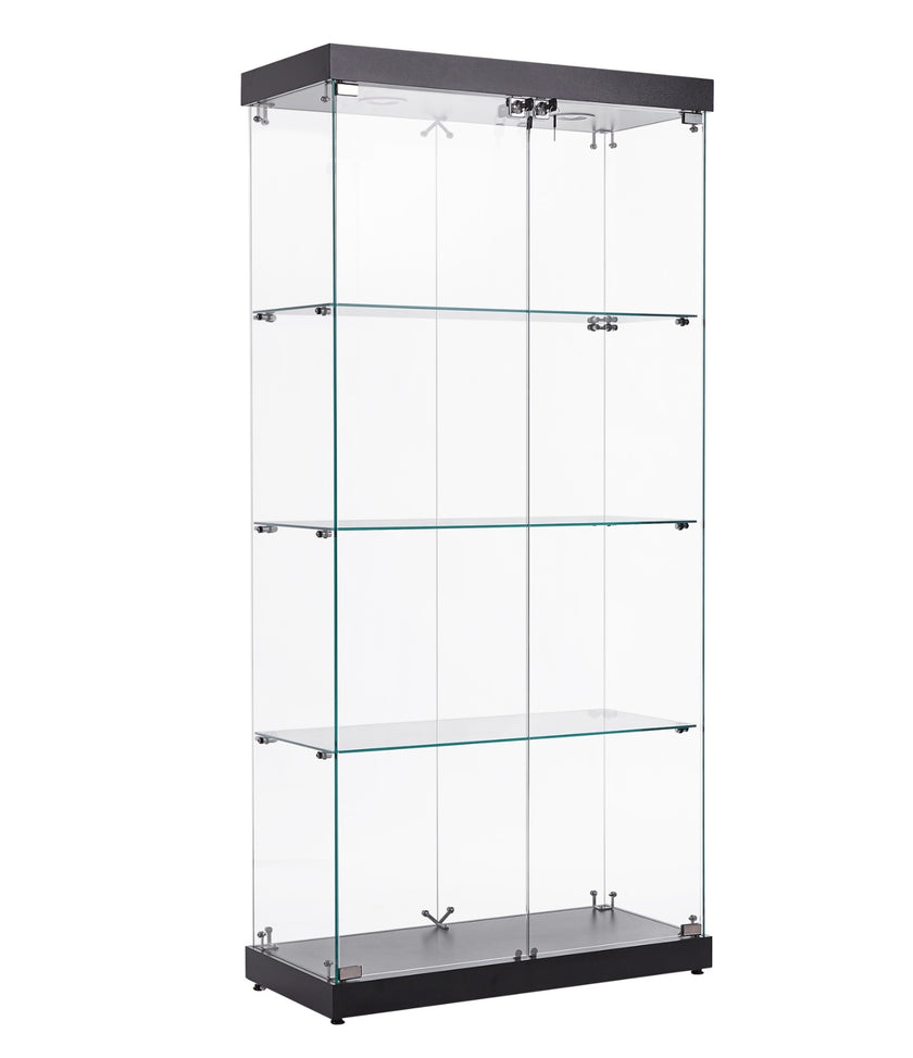 4-Tier Glass Display Cabinet, Double Door Glass Cabinet, Four Partitions, Two Locks, Floor Standing
