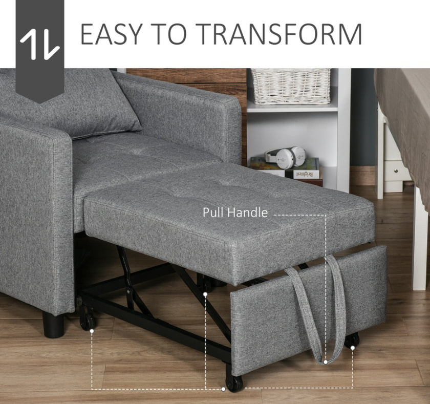 Convertible Chair Bed Grey Sofa Bed Multi-Functional Sleeper Ottoman Recliner Adjustable Backrest