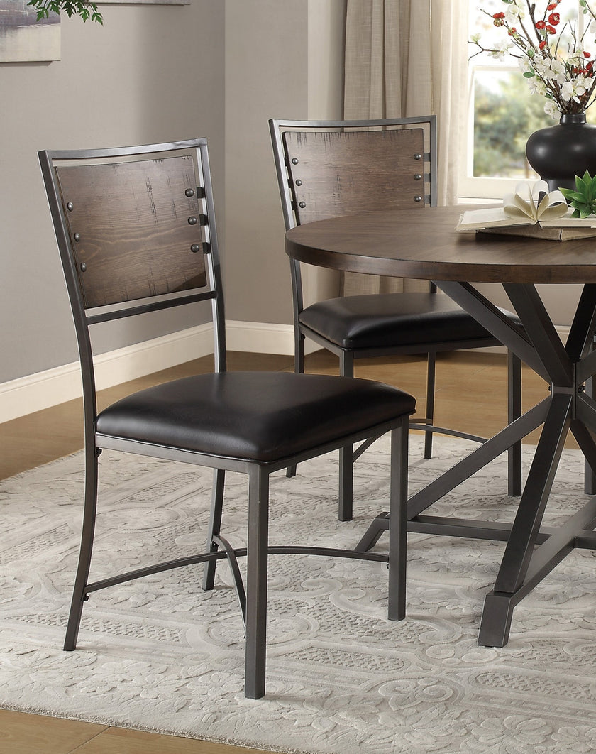 Industrial Style Metal Frame Chairs Set Of 2, Faux Leather Seat Burnished Brown Finish And Gray Metal Finish Rustic Style Dining Kitchen Furniture