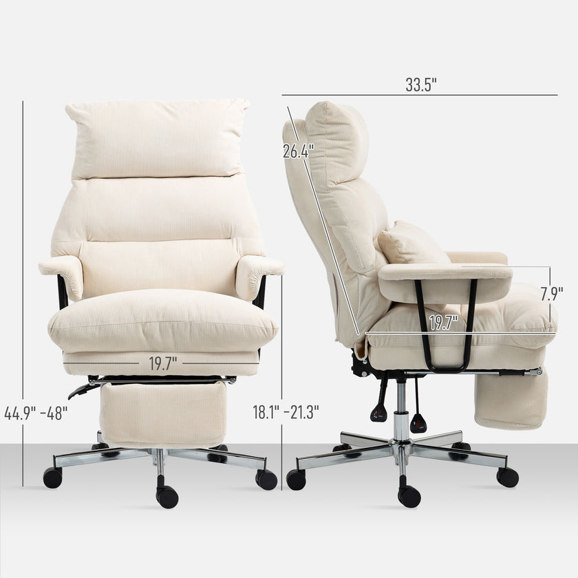 Executive Office Chair With Lumbar Support, Footrest, High Back Reclining Overstuffed Desk Chair With, Cream White
