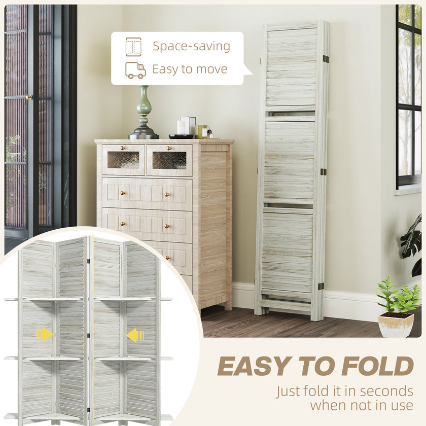 4 Panel 67 Tall Wood Privacy Screen Room Divider With 3 Shelves And Folding Storage For Bedroom, Distressed White