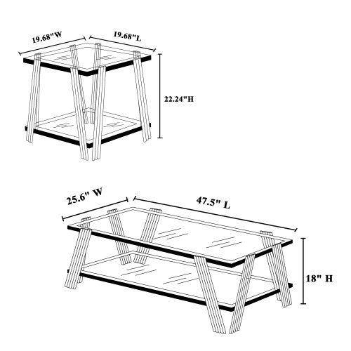 Modern Stainless Steel Coffee Table Set Set Of 2, Double-Layer Clear Tempered Glass Table Top, Coffee Table  End Side Table 2-Pieces Sets For Living Room Home Office, Silver