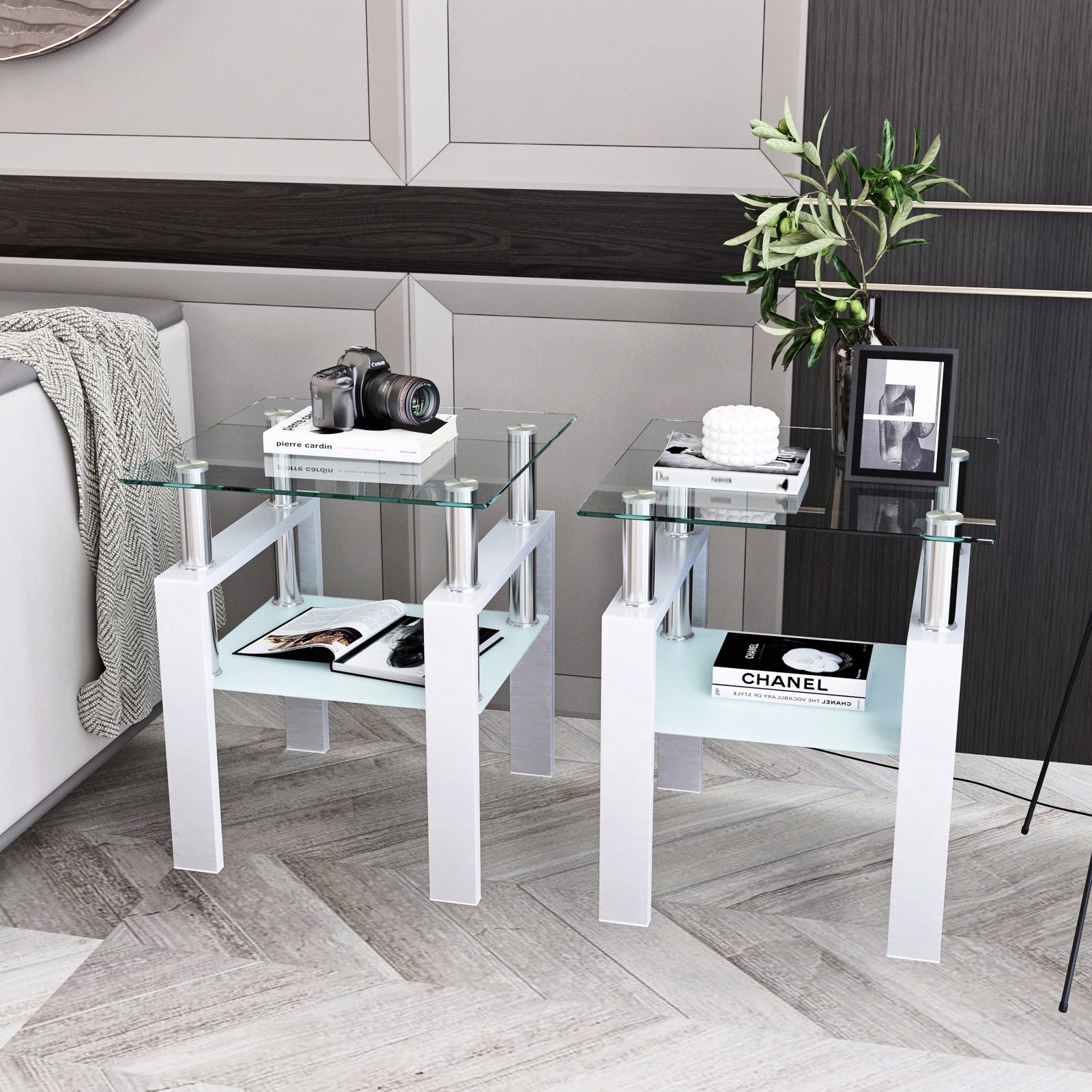 2-Pc Modern Tempered Glass Coffee Tea End Tables For Living Room