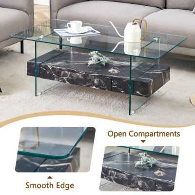 43.3 Inch Modern Two-Tier Coffee Table - Clear Tempered Glass And Black Marble Texture, Multifunctional Storage Design.The Bottom Tier Includes A Drawer.Can Be Used As A Coffee Table,side Table,etc