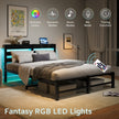 Queen Size Metal Bed Frame With Wooden Headboard, RGB Lights, Charger, Storage Shelf, Noise-Free, No Box Spring Needed, Black