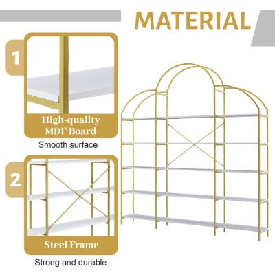 74.8 Inch 5 Tiers Office Bookcase Bookshelf, Display Shelf With Round Top, X Bar Gold Frame