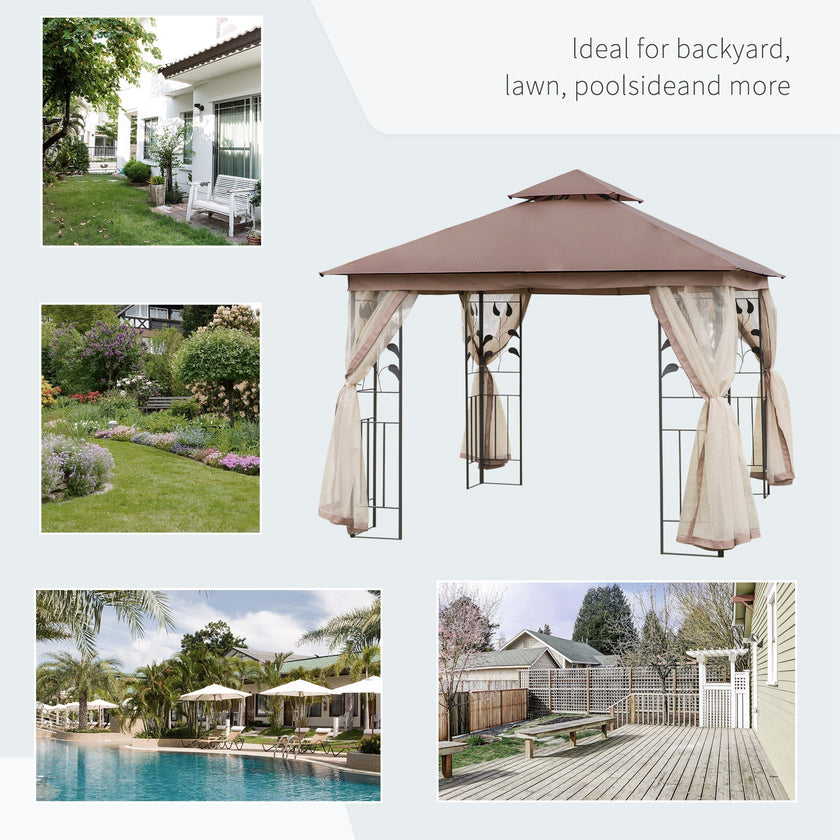 10' X 10' Outdoor Patio Gazebo Canopy With 2-Tier Polyester Roof, Netting, Curtain Sidewalls, And Steel Frame, Brown